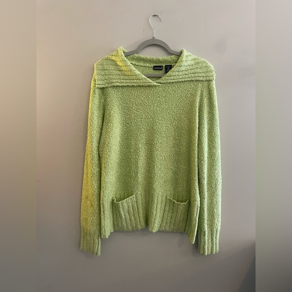Northcrest Lime Green Fuzzy Collared Sweater With Pockets - Picture 1 of 5